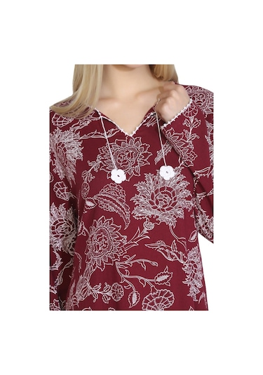 Uzun Kol Şile Bezi Baskılı Uzun Elbise Çınar Desen Bordo