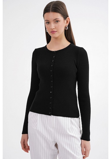 6931 Kadın Düğmeli Fitilli Triko Hırka Siyah Siyah