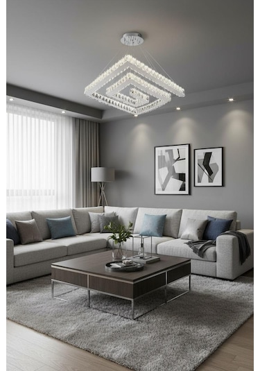 Lotus Kristal Taşlı Ledli Krom Avize