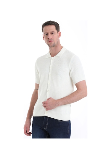 Hatemoğlu Regular Fit Düz Düğmeli Kısa Kollu Triko Hırka 34162024c001 048 - Ekru