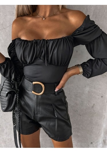 Soonaksesuar Kadın Uzun Kollu Kare Yaka Göğüs Büzgü Detay Sandy Bluz Siyah