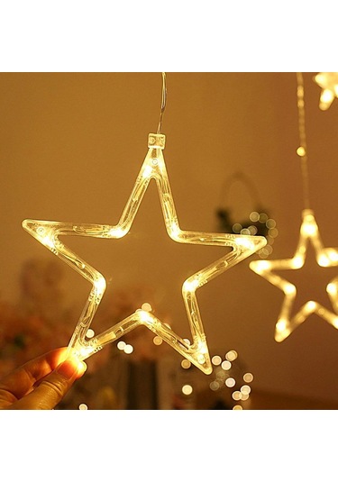 Led Perde Fişli Dekoratif Yıldızlı Saçaklı 12 Adet Yıldız