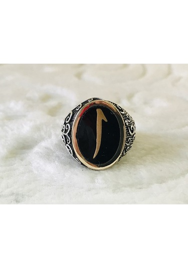 Siyah Taş Içinde Elif Harfi Yazılı 925 Ayar Erkek Gümüş Yüzük