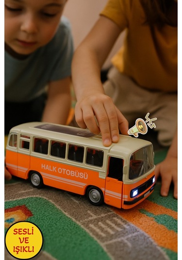 Nostaljik Halk Otobüsü 11 Cm Pilli Sesli Işıklı Kapısı Açılır Yumuşak Tekerlekli - Turuncu
