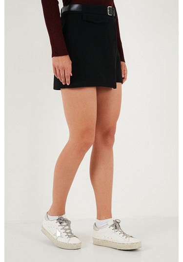 Lela Pamuk Karışımlı Relaxed Fit Yüksek Bel Mini Boy Bayan Şort Etek 611Sr0037 Siyah