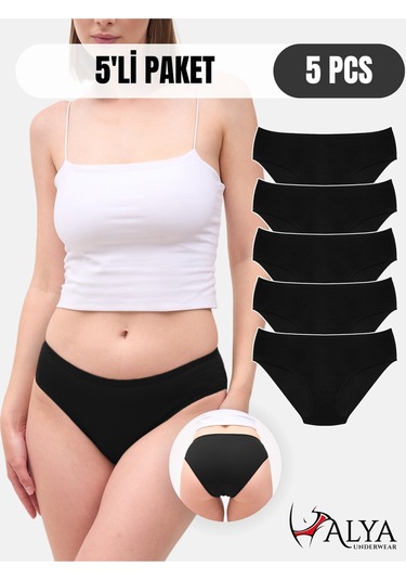 Alya Underwear  Kadın Pamuklu Hipster - Slip Külot 5 Farklı Renk 1 Pakette Siyah