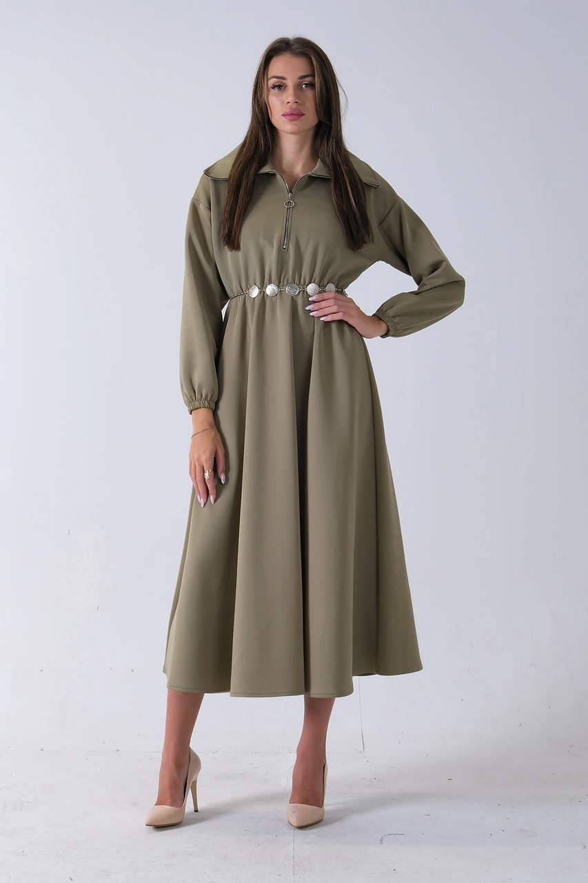 Feminist Haki Yaka Fermuar Detaylı Bel Ve Bileği Lastikli Kemerli Scuba Elbise 4593455.23 Haki