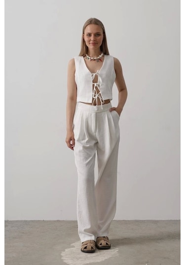 Defymoda Bağlamalı Yelek - Beyaz Beyaz