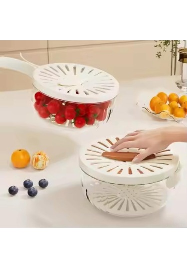 Vkemall Küçük Beyaz Çift Fonksiyonlu Sebze-meyve Yıkama Sepeti: Katlanabilir Kollü, Kapaklı, Buğday Sepeti İle Buzdolabı Saklama Gereci Beyaz