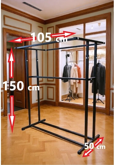 Premium 150 Cm Çelik Konfeksiyon En 105 Cm Elbise Askılık Tekerlekli Demonte Portmanto Hanger Siyah