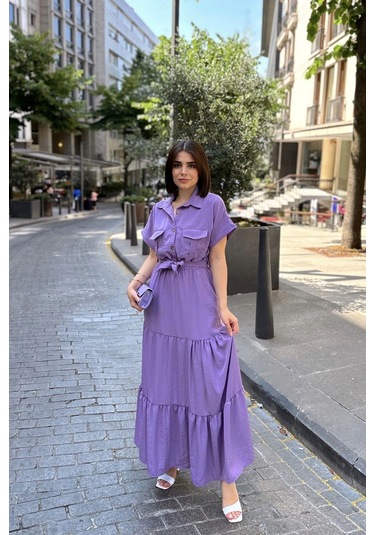 Mor Kısa Kol, Airobin Kumaş, Yarım Patlı, Kemerli/kuşaklı, Eteği Pliseli, Cepli Maxi Uzun Elbise Mor