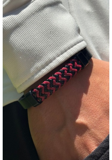 El İşçiliği İle Üretilmiş Hakiki Deri Erkek Bileklik Kırmızı - Siyah