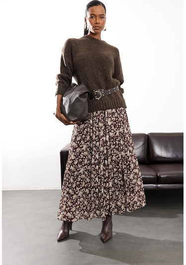 Kahverengi Kemer Detaylı Çiçekli Şifon Etek 0651 Kahverengi