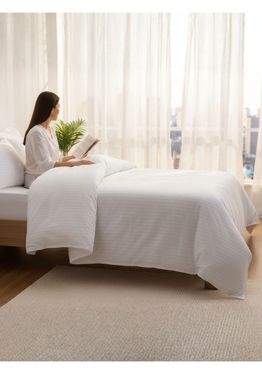 Tek Kişilik Çizgili Pamuk Saten Nevresim 160x230 Mix & Match Otel Serisi Beyaz