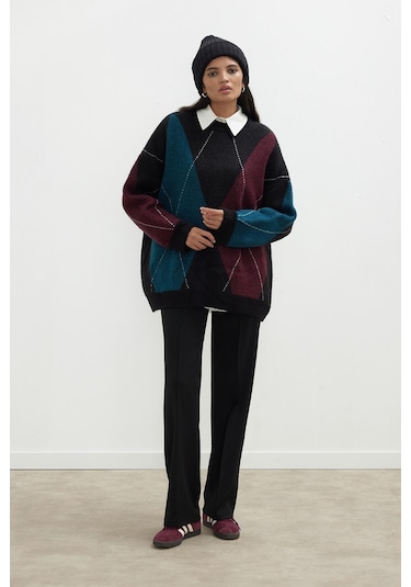 Manuka Baklava Desen Triko Kazak Petrol