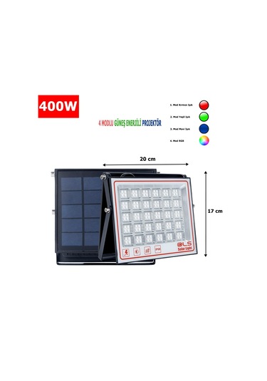 400 Solar 5 Modlu Güneş Enerjili Led Projektör Mavi Yeşil Kırmızı Ve Rgb Renk Aydınlatma 1 Adet