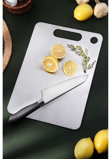 Lüx 34x24 Cm Paslanmaz Çelik Silikonlu Kesim Panosu Metalik