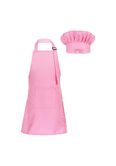 Pembe Çocuk Mutfak Yemek Pişirme Ve Pişirme Giyim Önlük Ve Cepli Şef Şapka Seti Çocuk Aşçı Kostümü L