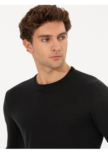 Cacharel Siyah Slim Fit Bisiklet Yaka Basic Triko Kazak