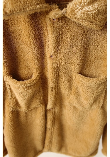 Unisex Camel Düğme Detaylı Cepli Peluş Ceket Camel
