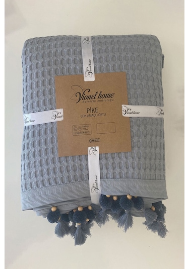 Vionel Home Pamuklu Waffle Desen Ponponlu Çift Kişilik Pike Gri