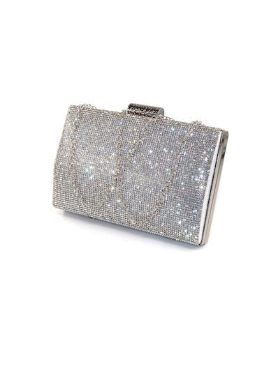 Taşlı Clutch Abiye Çanta Gümüş