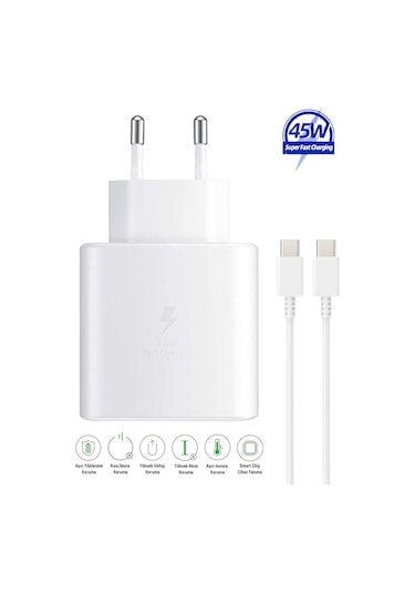 Galaxy A15 Uyumlu 45W Super Hızlı Type-C Şarj Aleti Seti - İthalatçı Garantili - Beyaz