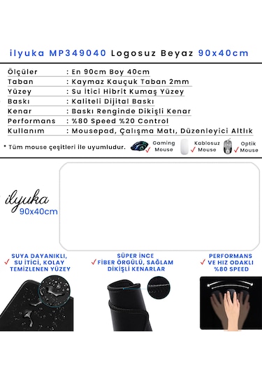 90x40cm Logosuz Beyaz Xxl Büyük Boy İlyuka Gaming Oyuncu Mousepad