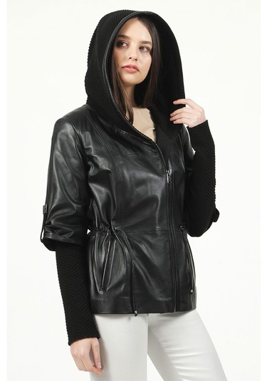 Dericlub Yb-2162 Gerçek Deri Kadın Kaban Siyah