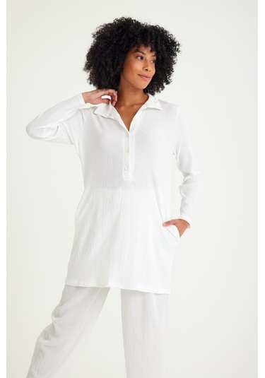 Barbora Günlük Rahat Baharlık Salaş Gömlek Yaka Elbise Bt405beyaz5 001