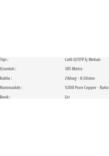 Pars Power 24 Awg 0.50 mm %100 Bakır 305 Metre Network Cat6 U/UTP
