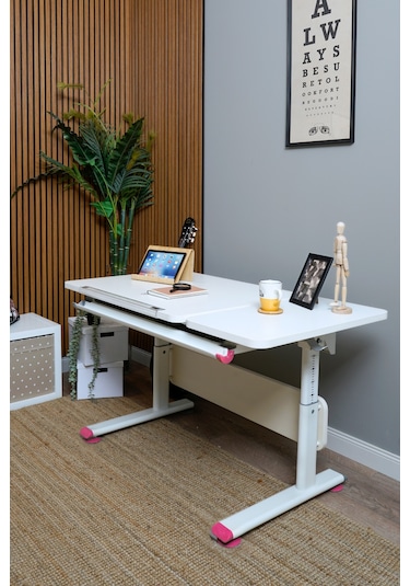 Vega Simple Yükseklik Ayarlı Beyaz Çalışma Masası, Bilgisayar Ve Ofis Masası, Modern Ahşap Masa Fuşya