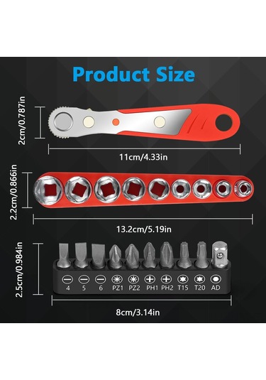 Geeksen 21 Parça Mini Ratchet Anahtar Seti - 36 Dişli 1/4" Antremanlı - Dar Boşluklar İçin - Manyetik Uçlu - 9 Adet Soket + 60mm Bağlantı Kolu