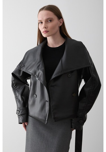 Siyah Düğmeli Kuşaklı Deri Ceket - 509261 Siyah
