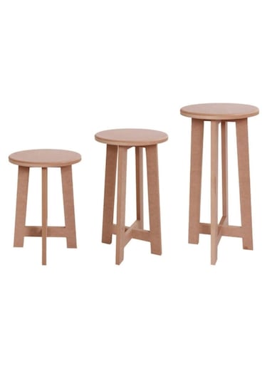 Boyanabilir Ahşap Mdf Yuvarlak Demonte 3' Lü Tabure Seti