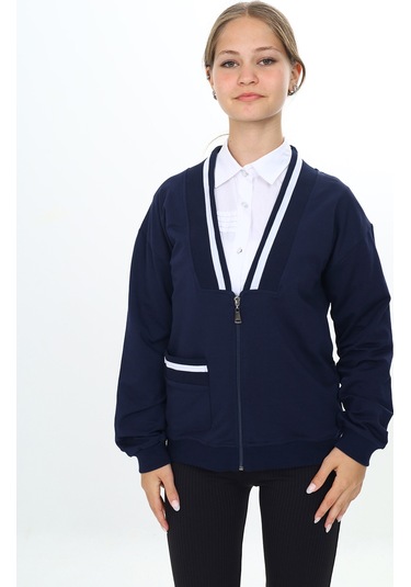 Toontoy Kız Çocuk Lacivert V Yaka Fermuarlı Tek Cepli Düşük Omuz Örme Okul Hırkası - 2 İplik Lacivert