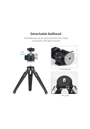 Reedark Alüminyum Masaüstü Tripod, 3 Seviye Yükseklik Ayarı, Kuleli Kafa, 1/4 Vida Ve Soğuk Ayaklık, 3kg Yük Taşıma Kapasitesi