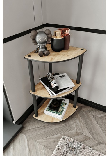 Masivo Köşe Kitaplık Safir Meşe 3 Katlı Meşe