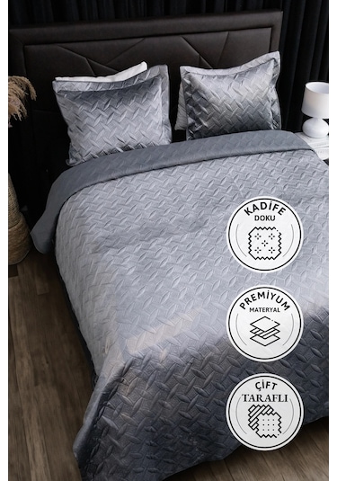 Queen Kadife Çift Kişilik Yatak Örtüsü - Antrasit