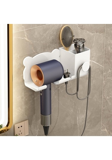 Saç Kurutma Makinesi Duvara Monte Tutucu Banyo Rafı Depolama Rafı İçin, Stil: Beyaz Yükselt Beyaz