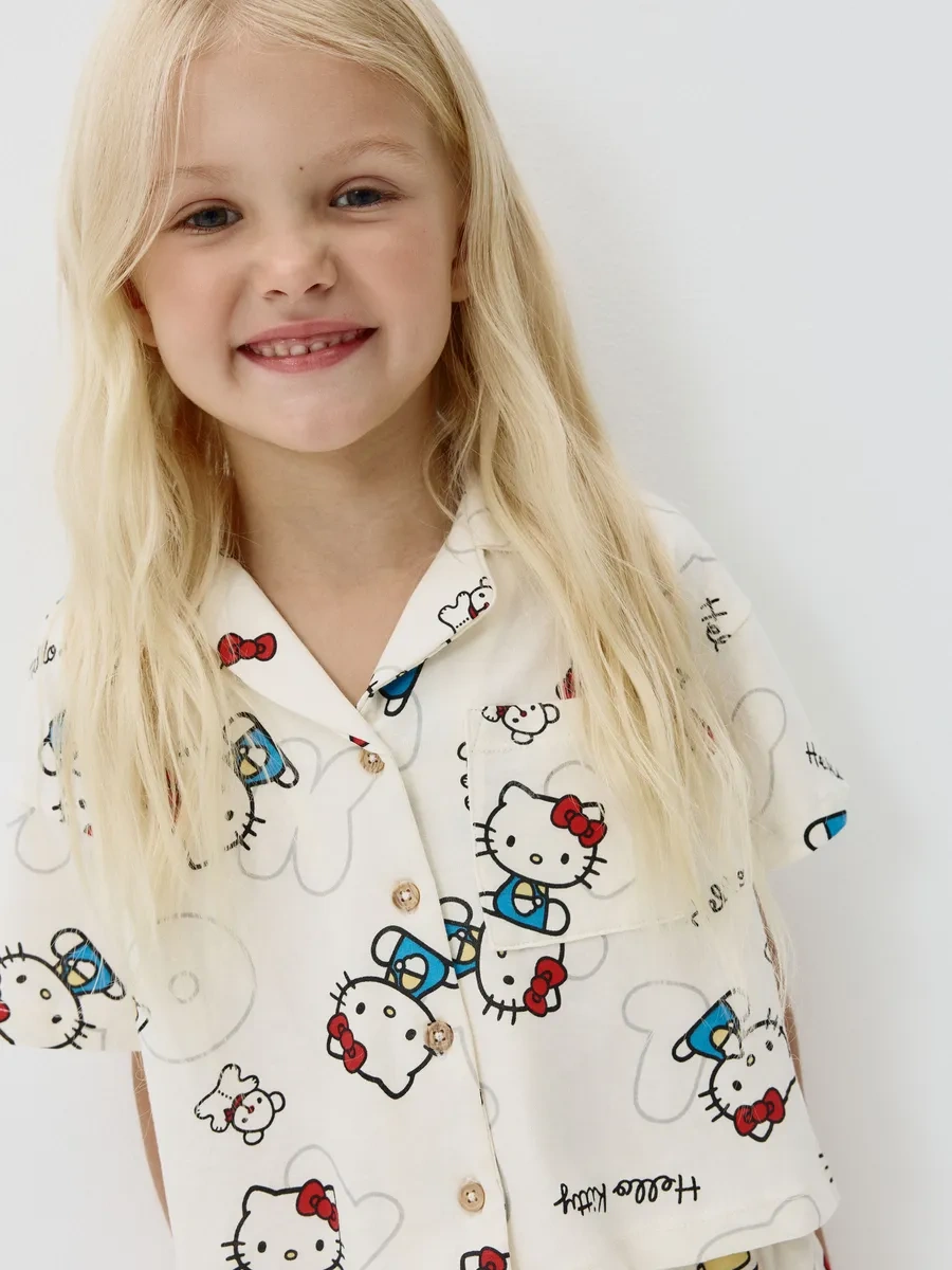Sela Hello Kitty Baskılı Oversize Gömlekli Ve Şortlu Triko Pijama Takımı 437974958 Sütlü