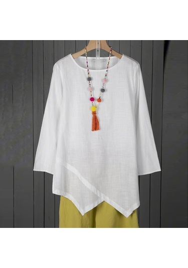 Beyaz Su Kadın O Boyun Uzun Kollu Gömlek Casual Düzensiz Hem Bluz Gevşek Çalışma Tunik Üstleri