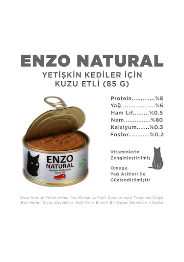 Enzo Natural Kuzu Etli Konserve Yaş Kedi Maması 85 Grx24