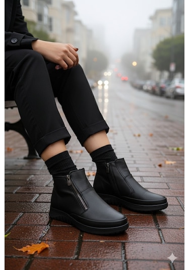 Muggo Feniks Hakiki Deri Çift Fermuarlı Kadın Bot Siyah
