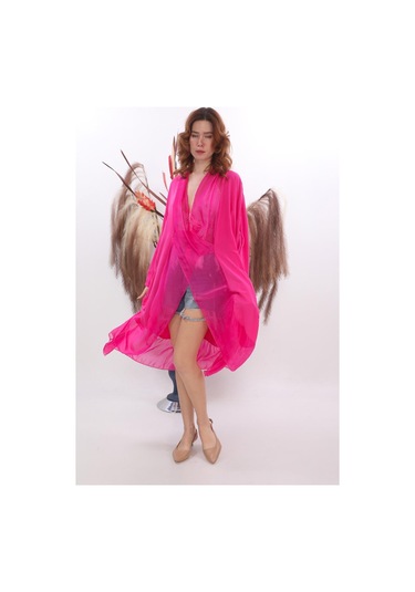 Italyan Ipek Detaylı Oversize Kaftan & Bluz-8711 FUŞYA