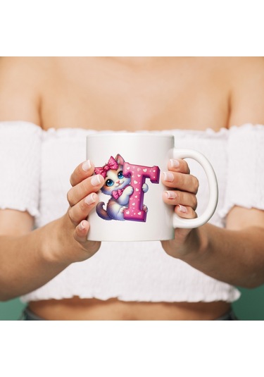 T Harfli Bardak, Sevimli Kedili Pembe Tasarım Bardak, Arkadaşa Aileye Hediye Porselen Beyaz