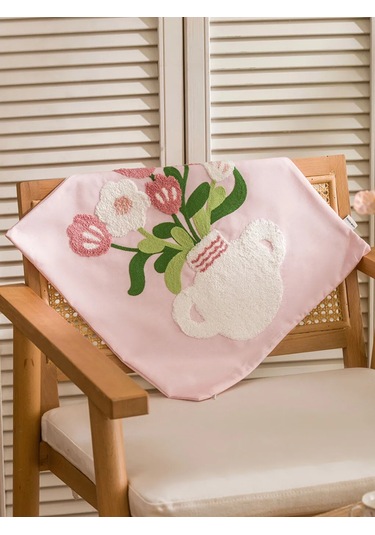 Pembe Çiçek Nakışlı Kırlent Kılıfı 45x45 Cm