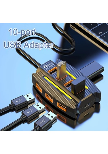 Xuweiwei Siyah Renkli Ortam Aydınlatmalı 10 Portlu Usb Hub Tak Calistir Dizustu Bilgisayar Fare Klavye Yazici Projektor Fan Icin Ideal