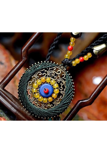 3M Doğal Taşlı Handmade Bohemian Etnik Kadın Kolye Yeşil