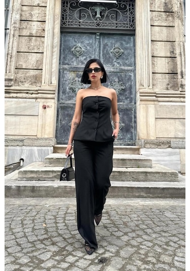 Modasize Siyah Straplez Düğmeli Crop Ve Pantolon Takım Siyah
